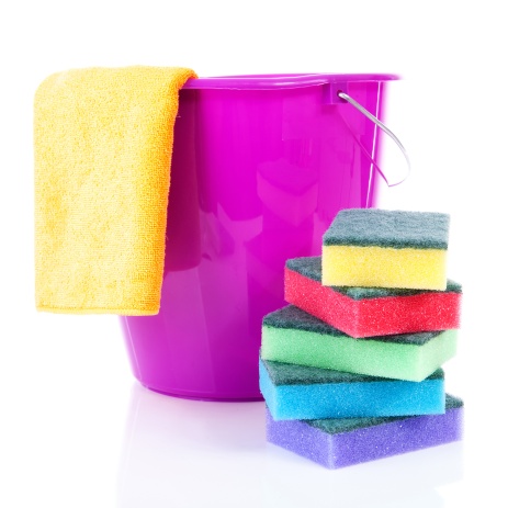 Bucket, sponge, microfiber towel